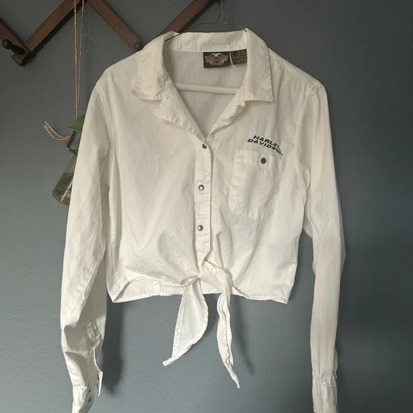 Harley-Davidson Women's White Button Down Shirt Embroidered Tie Front Size M - Picture 1 of 14